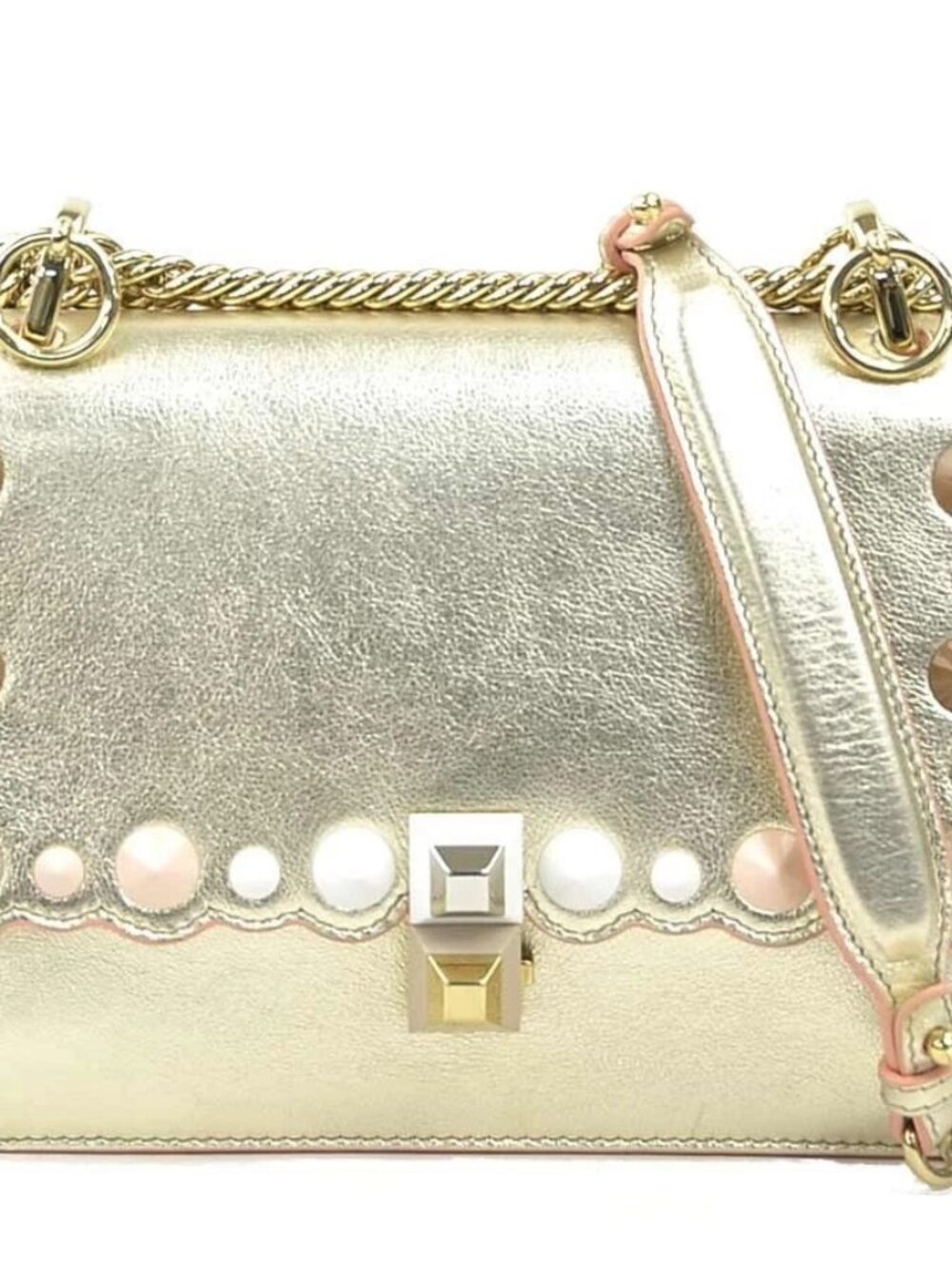 Auth FENDI Kan I Small Shoulder Bag Gold Leather/Metal